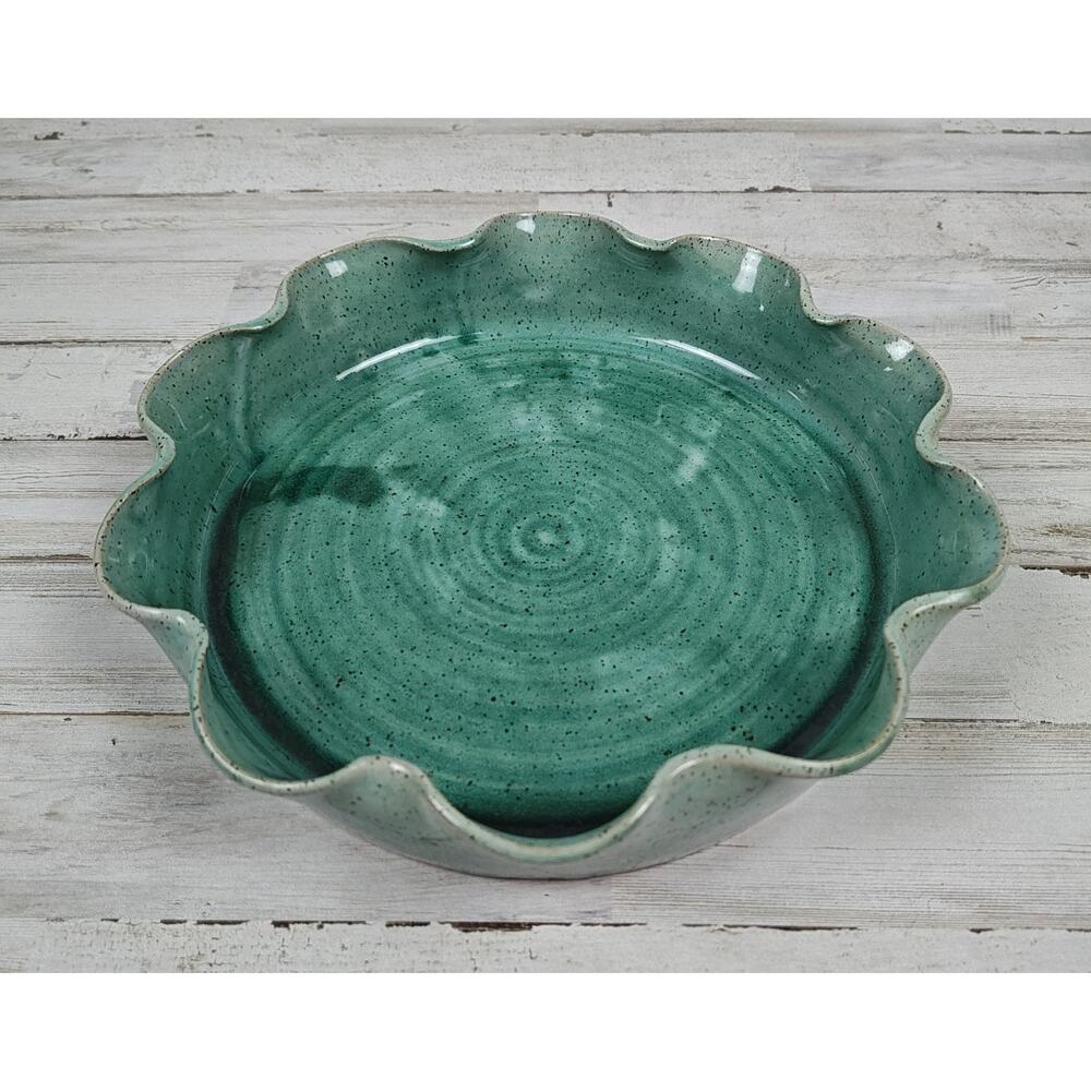 BLACK DOG POTTERY Vintage Dish/Bowl By Laura Bristow 1998 9.5" Teal/Green Glazed